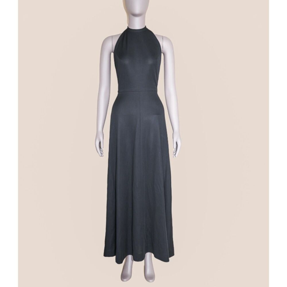 Black Halter Maxi Dress Small Mock‎ Neck Open Back Flowy Formal Elegant Y2K 90s